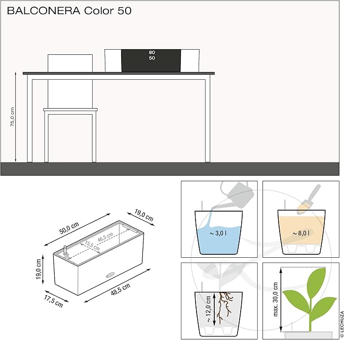 Lechuza BALCONERA Color 50 Nutmeg, Self-Watering Window Box (Railing Planter), H7.5 L19.7 W7.5 in