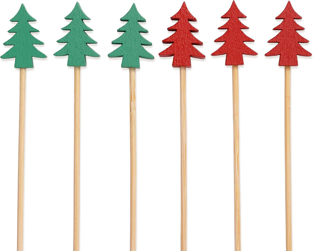 BambooMN Holiday Bamboo Evergreen Tree Cocktail Appetizer Sandwich Skewer Picks - 3.9" (10cm) - Red & Green - 100 Pieces