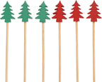 BambooMN Holiday Bamboo Evergreen Tree Cocktail Appetizer Sandwich Skewer Picks - 3.9" (10cm) - Red & Green - 100 Pieces