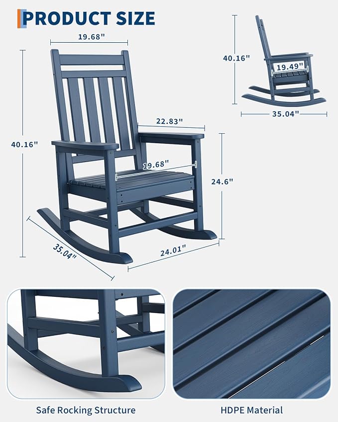 GarveeLife Poly Lumber Rocking Chair Outdoor Set of 4 - HDPE High Back Porch Rocker Chairs for Adults - All Weather Resistant Furniture for Patio - Navy Blue