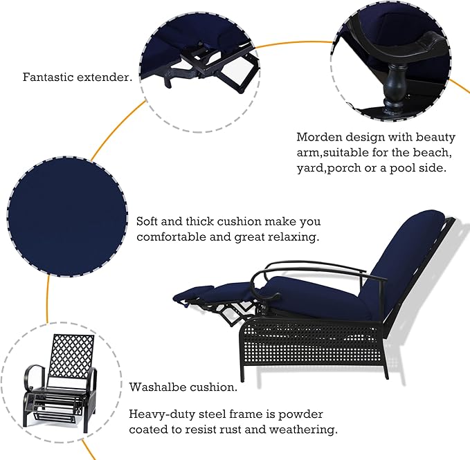 Kozyard Adjustable Outdoor Reclining Lounge Chair, Cushioned Patio Chaise Lounge with Extendable Metal Frame for Sunbathing, Reading & Relaxing – Comfortable Outdoor Recliner(Navy Blue)