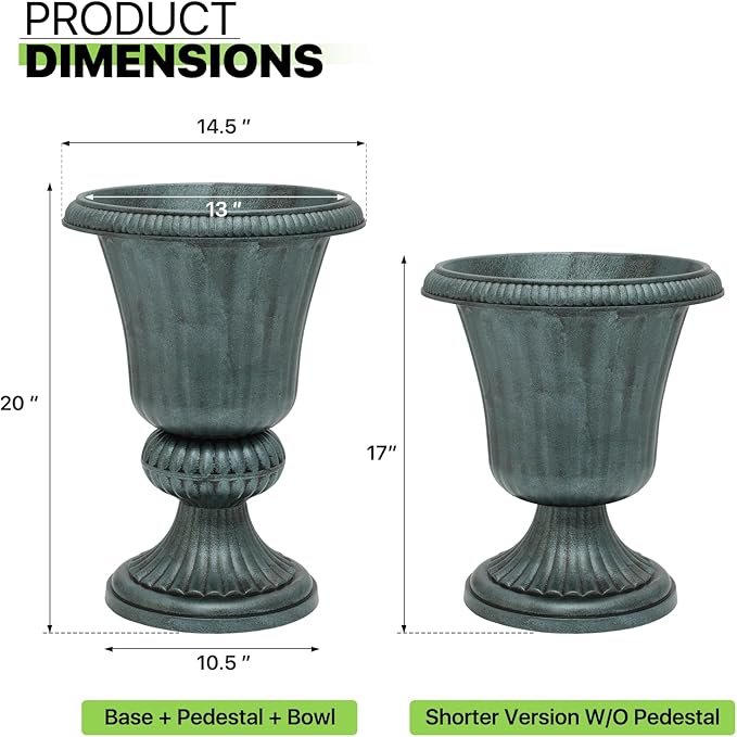 Magshion 20" Urn Planter for Outdoor and Indoor Plants, Large Decorative Front Porch Planter, Vintage Grecian Flower Pot for Patio, Garden & Entryway Décor, Antique Green