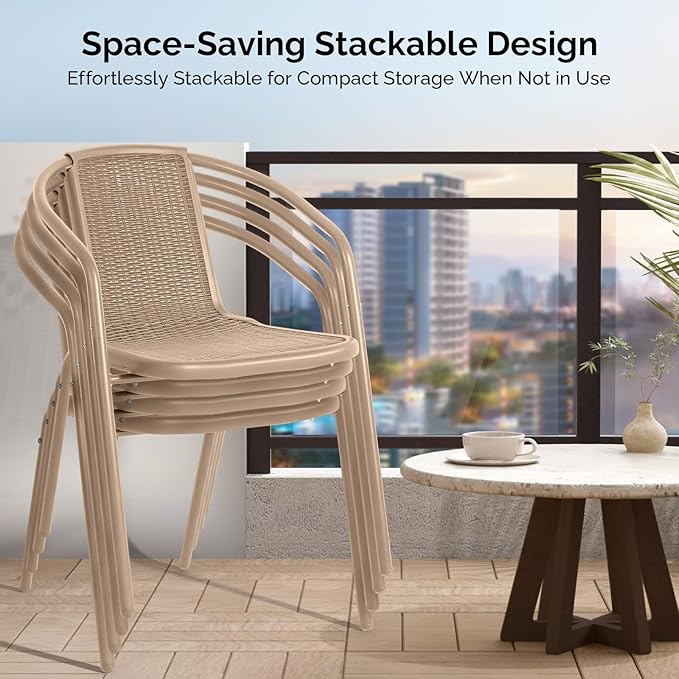 VINGLI PE Rattan Outdoor Dining Chairs Set of 4, Plastic Stackable Patio Chairs for Indoor, Porch, Restaurant, Garden,Champagne