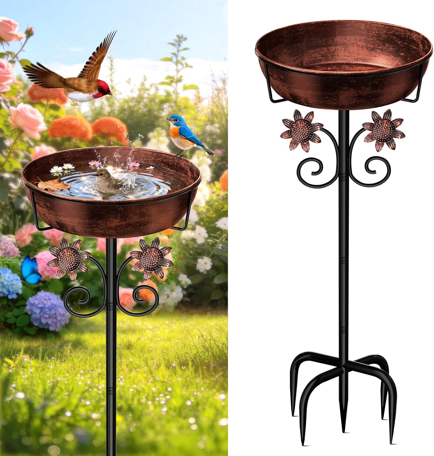 3" Deep Metal Bird Bath for Outside, Removable 12" Dia Vintage Bird Baths Bowl for Outdoors with Stable 5-Prong Stake, 37" H Freestanding Birdbath for Garden Patio Yard Lawn (Brush Bronze)