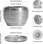 SQOWL Ceramic Pot for Plants - 8 Inch Planter with Drainage Hole and Saucer, Round Planter Indoor Outdoor, Modern Decorative Flower Pot, House Decor, Gifts for Plant Lovers, Silver