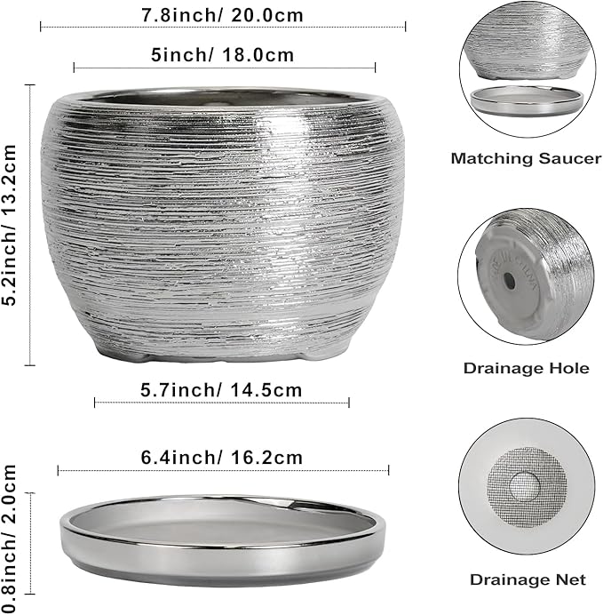 SQOWL Ceramic Pot for Plants - 8 Inch Planter with Drainage Hole and Saucer, Round Planter Indoor Outdoor, Modern Decorative Flower Pot, House Decor, Gifts for Plant Lovers, Silver