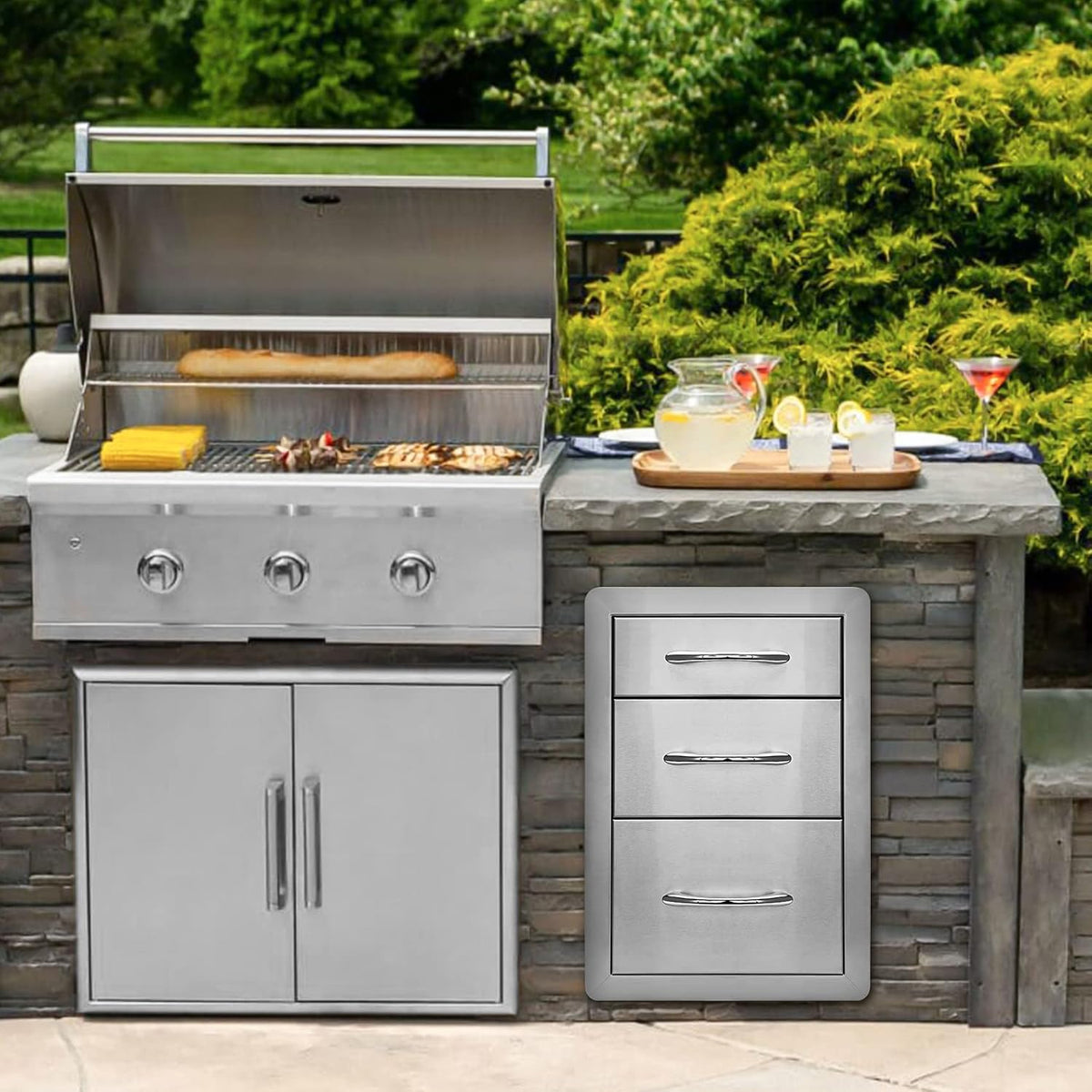 stanbroil triple access drawers for outdoor kitchen, 304, front angle view