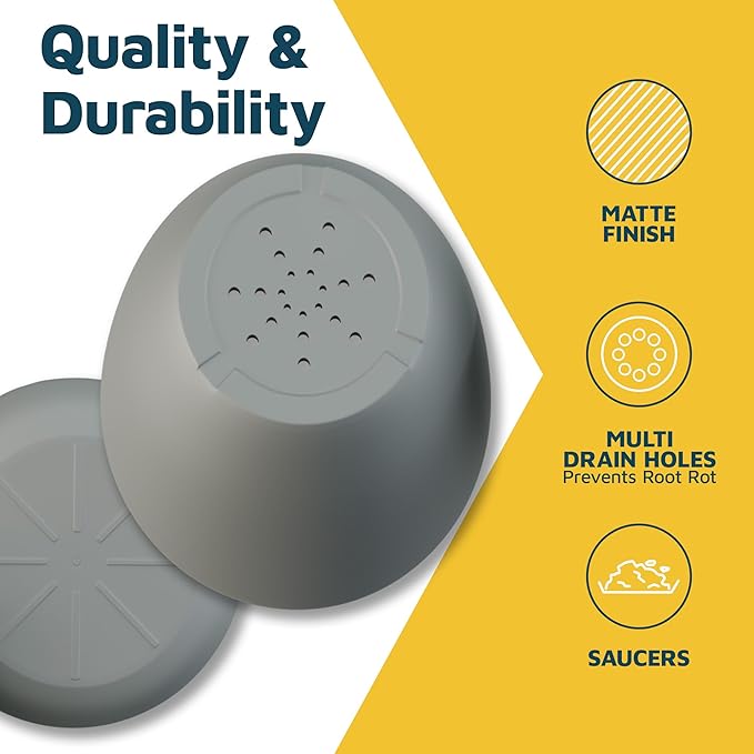 Gray Plant Pots with Drainage Holes & Saucers 3 Pack, Indoor & Outdoor Stackable Space-Saving Planters for Houseplants & Flowers, (7", 6.7", and 6" Inches), Durable & Weatherproof Materials