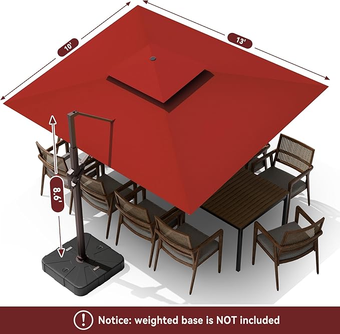 10 X 13 FT Cantilever Outdoor Patio Umbrella with Base Included with Led Lights Large 360° Rotation Double Top Offset Heavy Duty Rectangular Umbrellas for Backyard Outside Deck, Wine Red