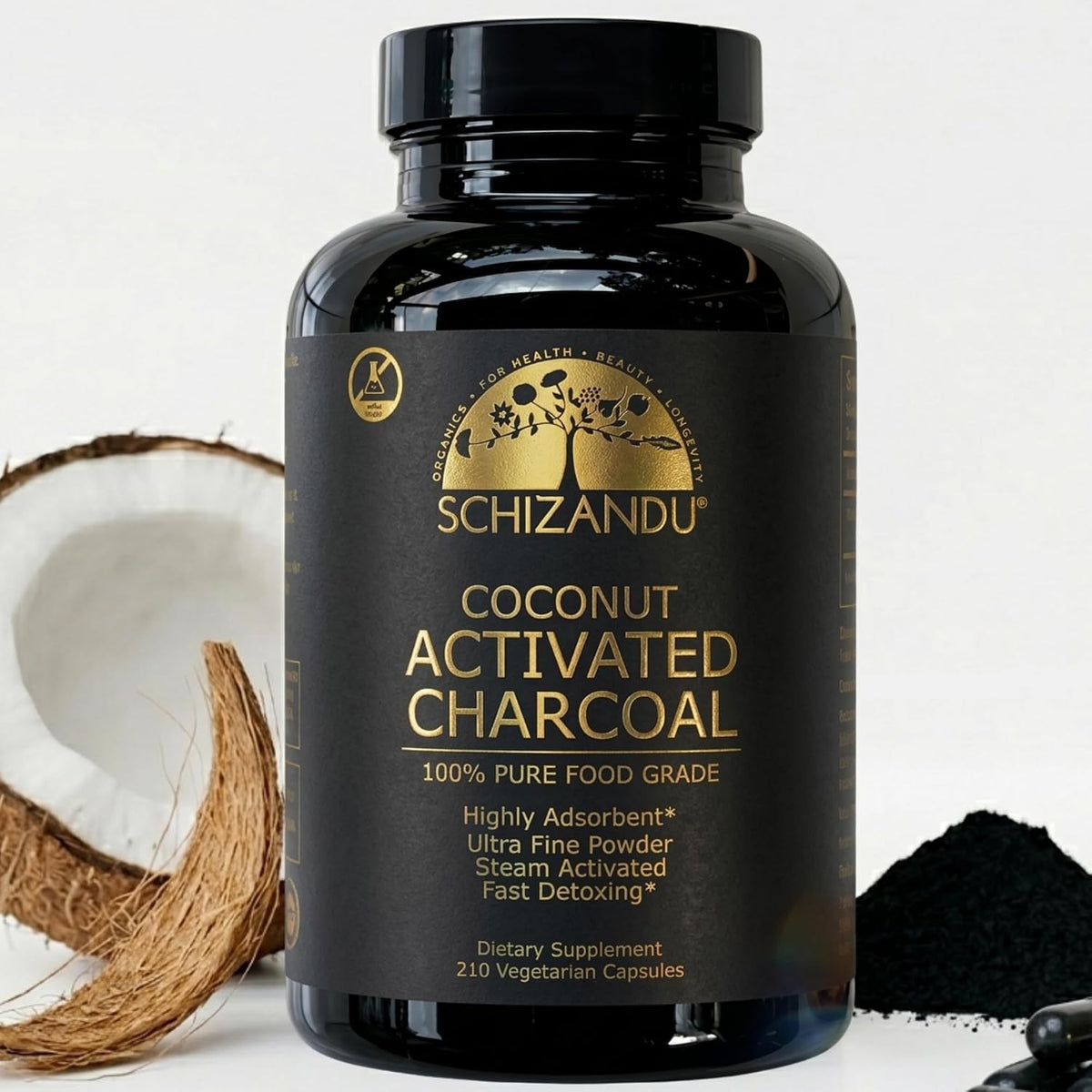 schizandu organic activated charcoal capsules, coconut shell, 210, main product view