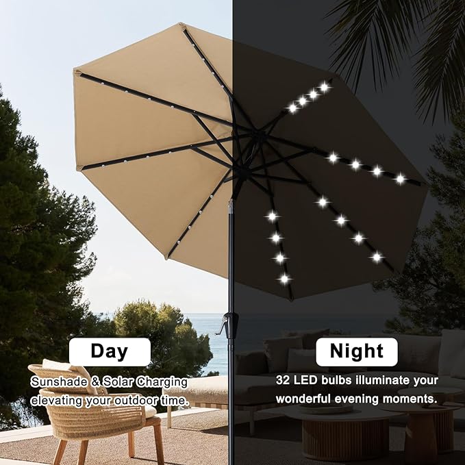 ABCCANOPY Durable Solar Led Patio Umbrellas with 32LED Lights 11FT (Khaki)