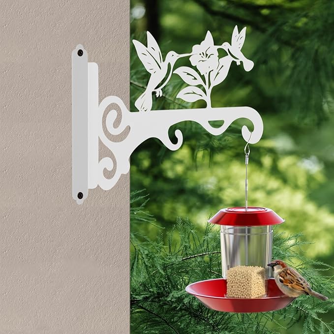 Elegant Bird Pattern Wall Hooks - 10/12/14 Inch Metal Plant Hangers for Indoor & Outdoor - Rust-Resistant Bracket for Plants, Feeders, Chimes, Lanterns (2, White, 10 inch)