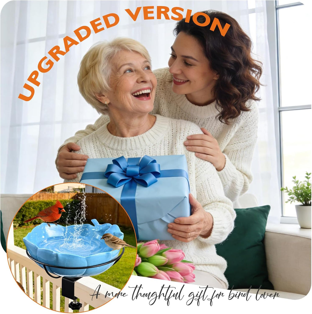 Glazed Ceramic Bird Bath for Deck Railing, 11 Inch Outdoor Deck Mounted Bird Baths Feeder Bowl with Adjustable Clamp, Easy Install Balcony Patio Birdbath for Outside Backyard Decoration, Blue