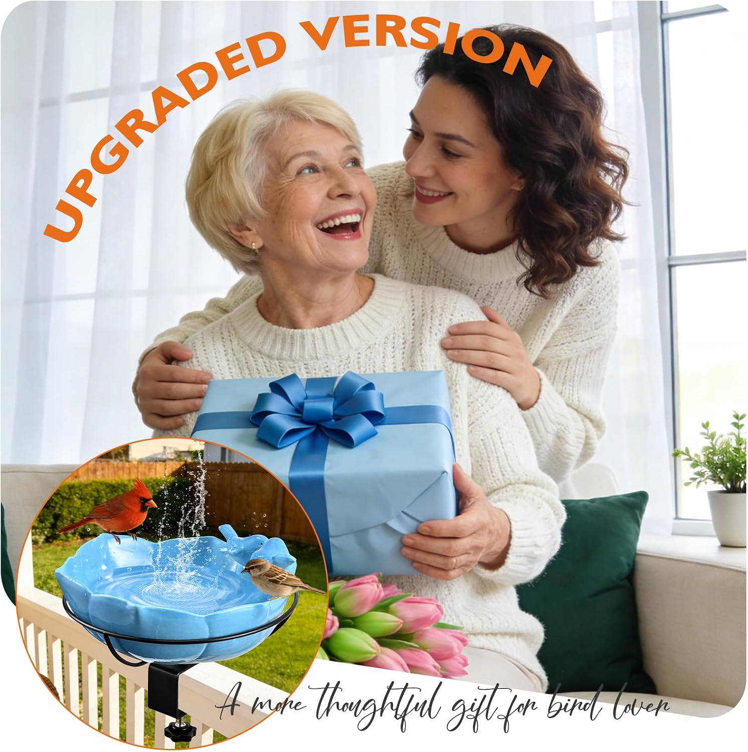 Glazed Ceramic Bird Bath for Deck Railing, 11 Inch Outdoor Deck Mounted Bird Baths Feeder Bowl with Adjustable Clamp, Easy Install Balcony Patio Birdbath for Outside Backyard Decoration, Blue