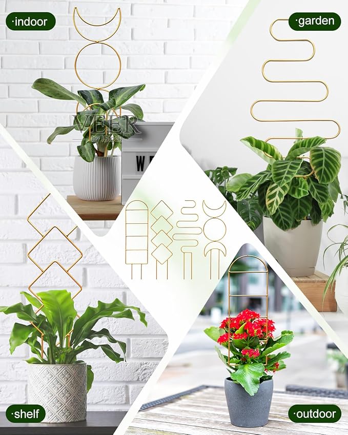 4 Pack Trellis for Climbing Plant Indoor, Small Metal Garden Trellis for Potted Plants Outdoor, Stake Mini Houseplant Trellis Support for Hoya, Vines, Pothos, Monstera (Gold)
