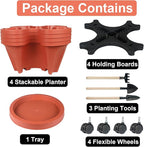GameXcel Vertical Planter 4 Tier Stackable Planters Garden Planters Strawberry Herb Flower and Vegetable Planter Indoor Outdoor Gardening Pots with Removable Wheels and Tools 2-Pack