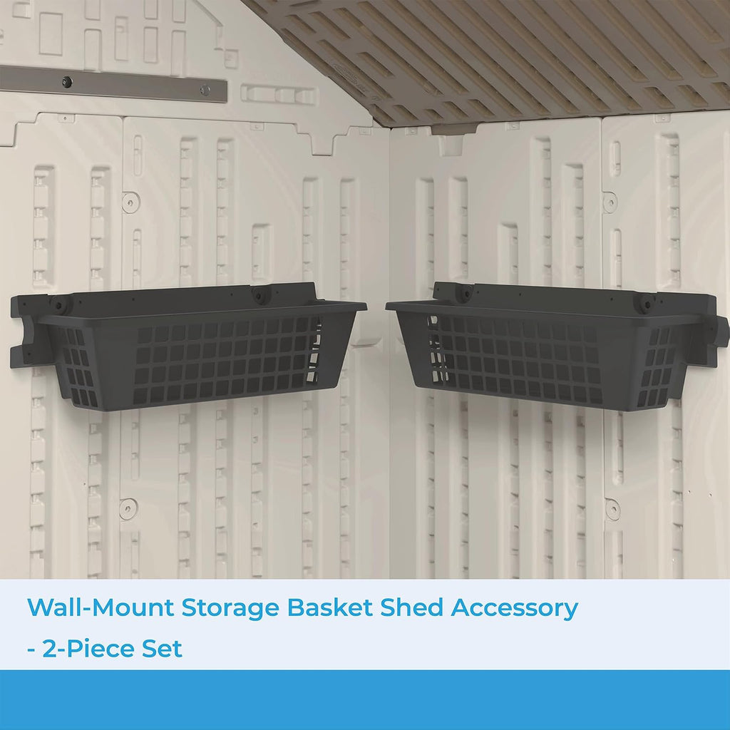suncast 2-pack accessory baskets, resin organizers for shed shown in use