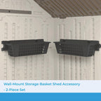 suncast 2-pack accessory baskets, resin organizers for shed shown in use