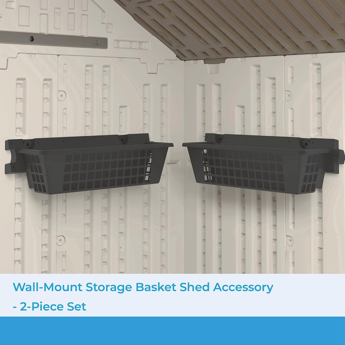suncast 2-pack accessory baskets, resin organizers for shed shown in use