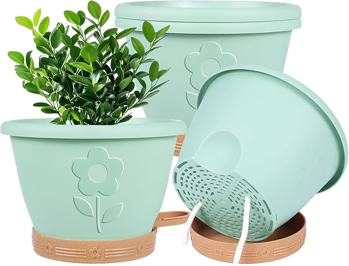 Plant Pots, Flower Pots for Indoor/Outdoor Plants, Self Watering Plastic Planters Pots with Drainage Holes, Saucer & Reservoir, Decorative Nursery Planting Pots(10 Inch Set of 4)