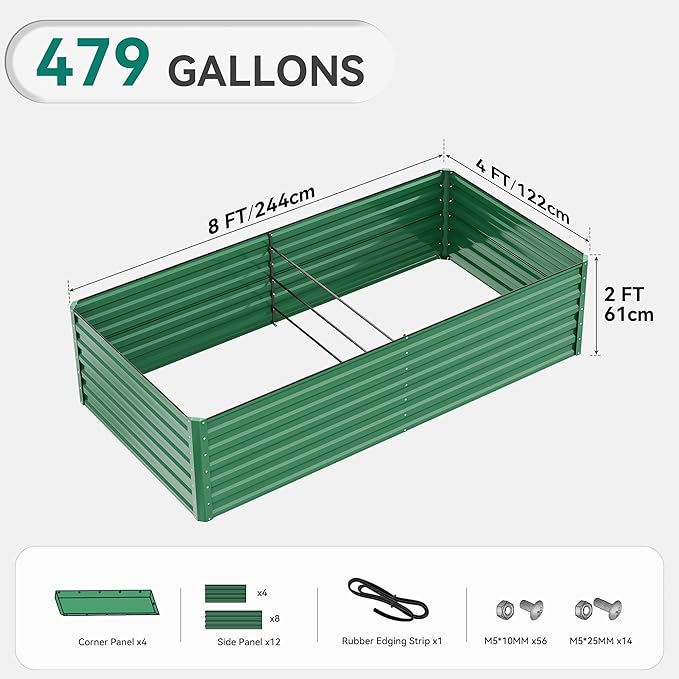 YITAHOME 96x48x24 in 2pcs Galvanized Raised Garden Bed Kit, Large Metal Planter Box with Gloves, Safety Rubber & Support Rod, Outdoor Flower Bed for Plants Vegetables, Green