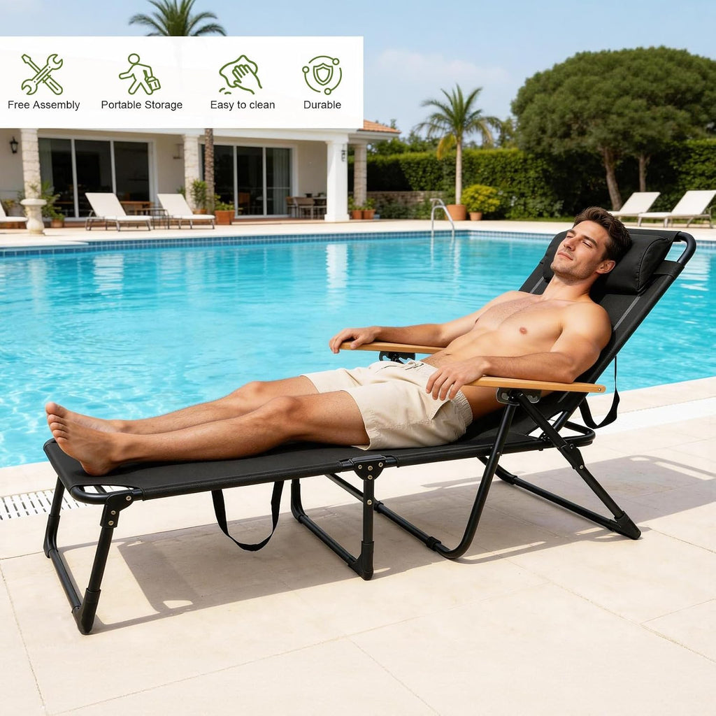 Folding Lounge Chairs for Outside, Beach Patio Lounge Chair, Sunbathing/Tanning Chair with 4 Adjustable Backrest & Cup & Pillow,Holds 330 Lb, Outdoor Garden Pool (Deep Black)