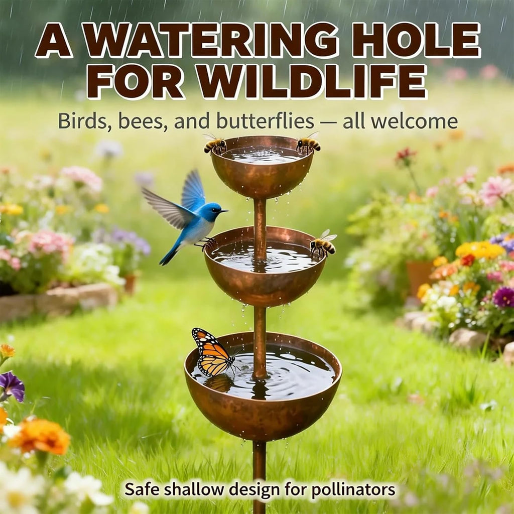 Rain Catcher - Plant Support Metal Garden Ornament, Rust Patina Metal Rain Catcher Garden Stake with Water Bowl, Gardens Rains Catchers Bird Bath with 3-Tiered Water Bowls, Yard Decor (2 PCS)