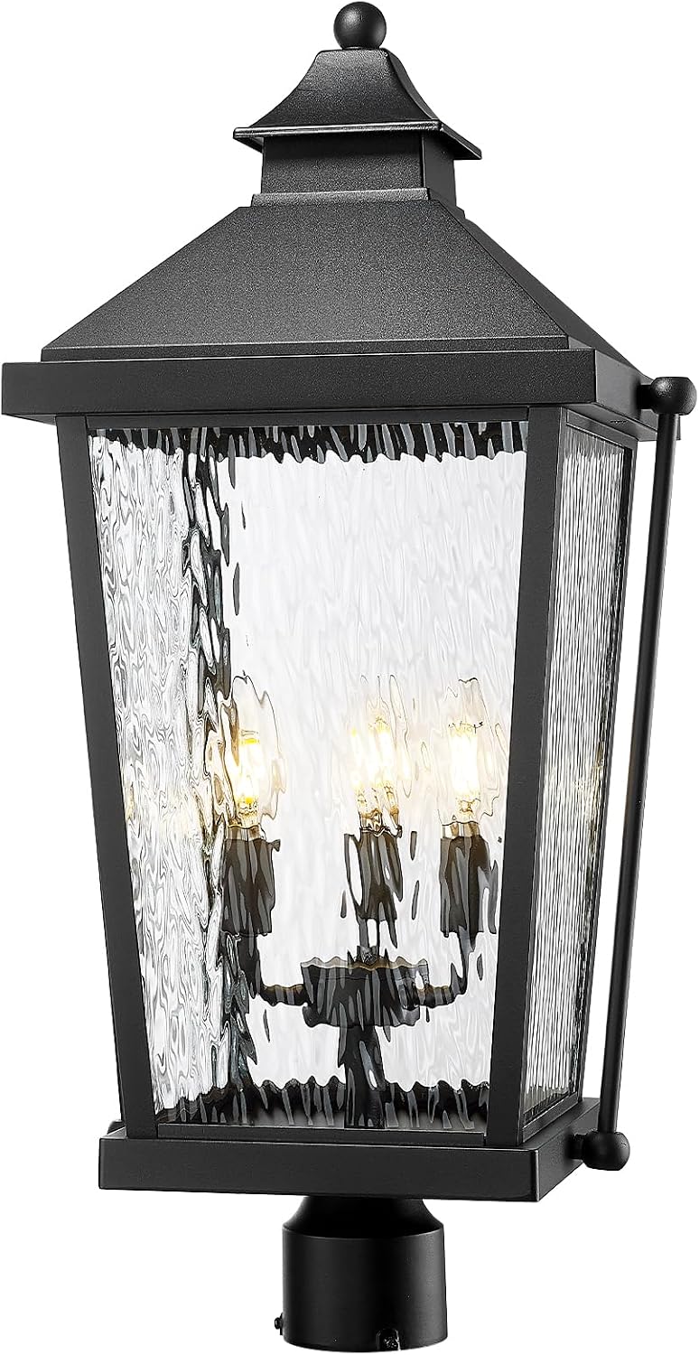 zeyu 26 Inch Outdoor Post Lights, 3 Light Lamp Post Light Fixture Hardwired, Large Waterproof Lamp Pillar Fixtures for Pathway, Water Ripple Glass Shade, Black Finish, ZW105P-L BK-SW
