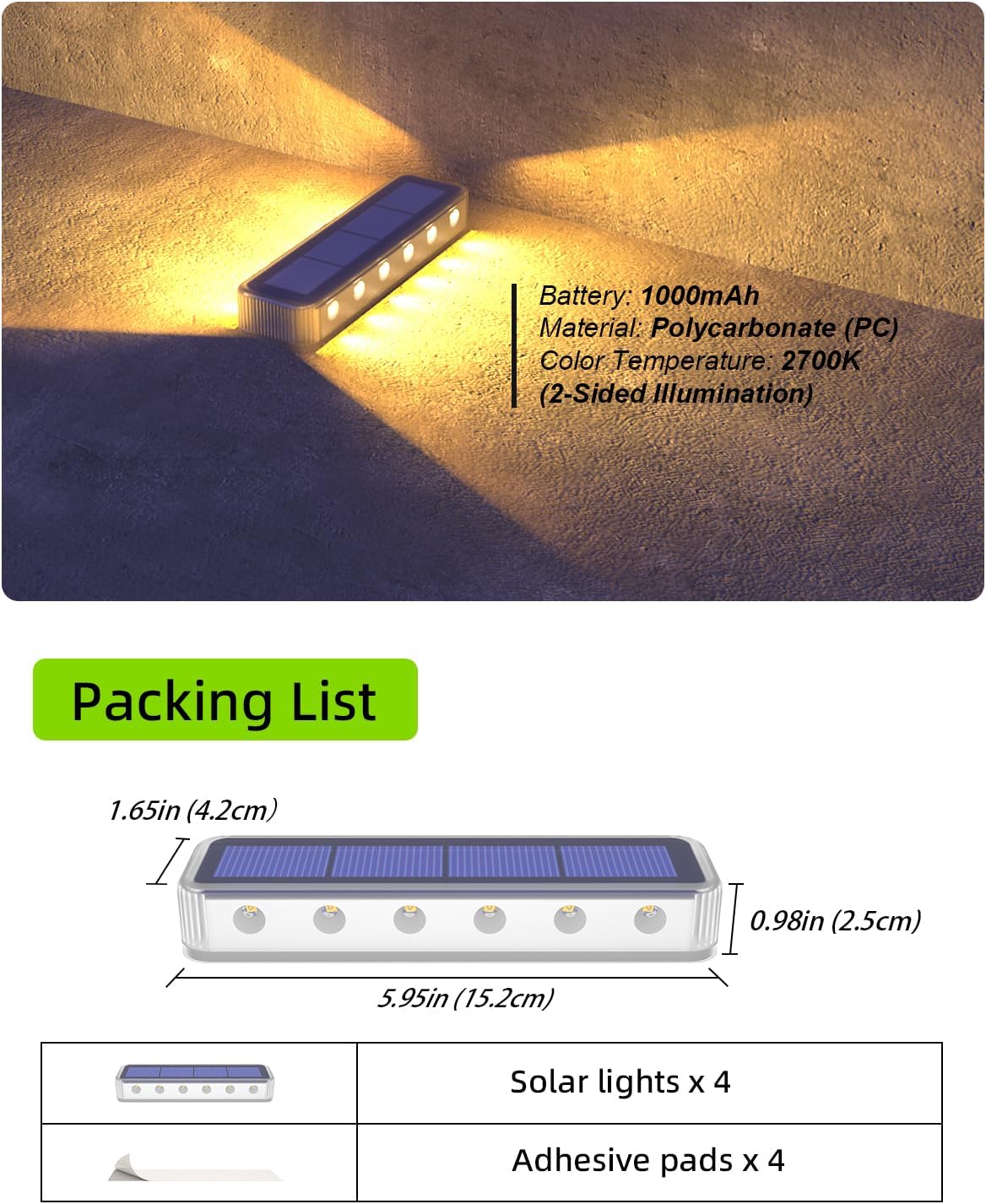 DetarZinLED Solar Step Lights, 12 LEDs 2-Sided Glow, IP68 4 Pack Warm White | IP68 Waterproof, Solar Powered, Auto ON/OFF, Stick on, Sturdy Polycarbonate Shell, for Outdoor Dock, Deck, Flat, Stair, Porch