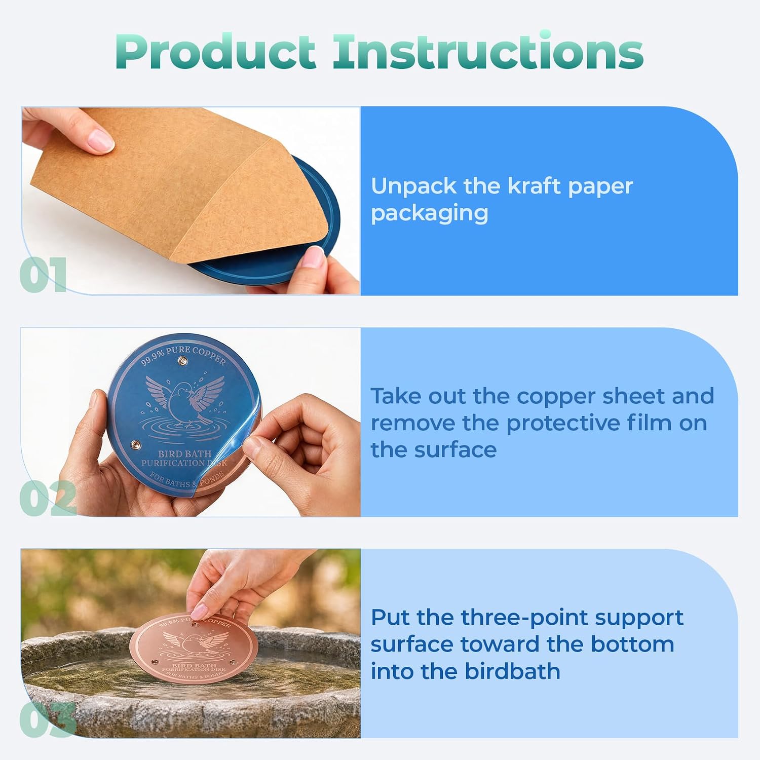 Bird Bath Copper Disk 99.9% Pure Copper Release Cu Clean Water Outdoor Disc | Diameter 4", 0.6mm Triple-Point, Release Boost Cu+, All-Season Purification, Outdoor Bowl Birdbath, Garden Backyard Disc