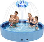 Eooqi Foldable Dog Pool with Sprinkler, Extra Large Thickened Splash Pool | 2-in-1 Outdoor Summer Water Play Toy, Non-Slip Hard-Side Kiddie Pool for Backyard Dogs, Kids & Pets (Blue, 87"-5XL)