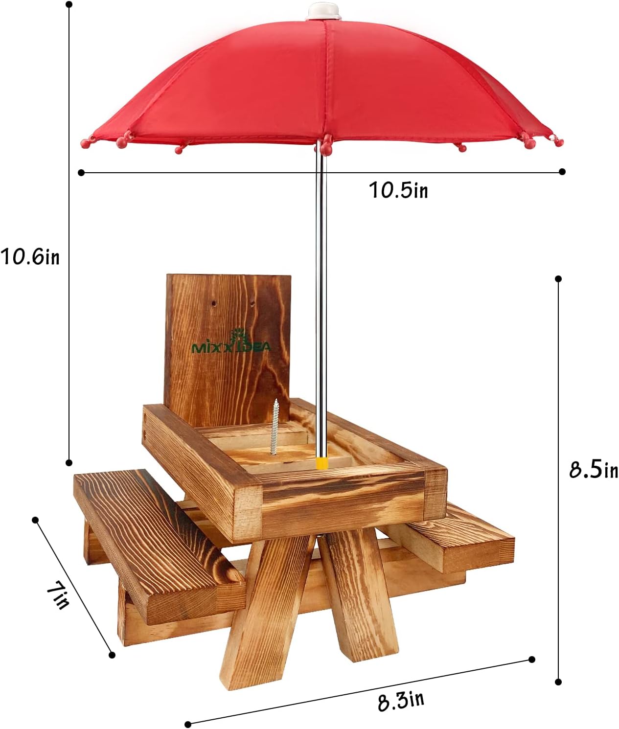 Squirrel Feeder Picnic Table with Tall Umbrella, Wooden Squirrel Feeders for Outside, Cute Chipmunk Feeder with Corn Cob Holder, Solid Structure, Thick Wood (Rustic Brown with Red Umbrella)