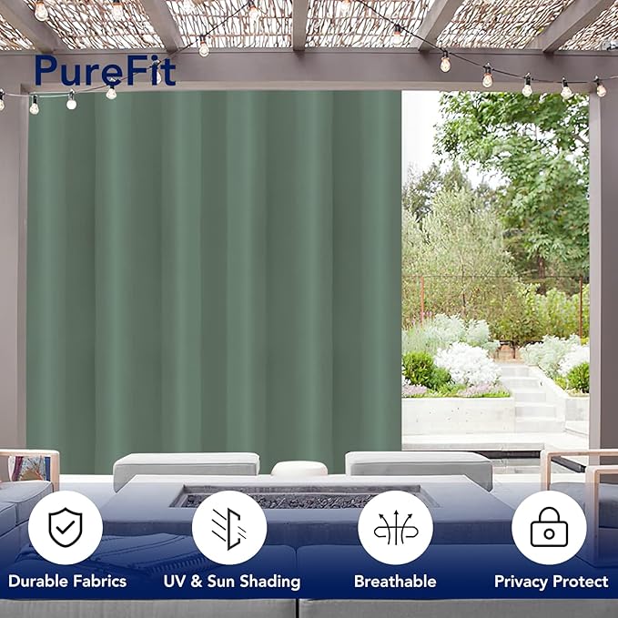 PureFit Outdoor Curtains for Patio Waterproof Weatherproof, UV Resistant Outside Curtains for Gazebo, Front Porch, Pergola, Sun Blocking Privacy Curtain, 100W x 108L inch, 1 Panel, Sage Green