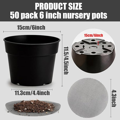 50 Pack 6 Inch Nursery Pots, Plastic Flower Pots, Thick Plant Pots with Drainage Hole for Planting Outdoor/Indoor Plants Succulent Herb (Black)