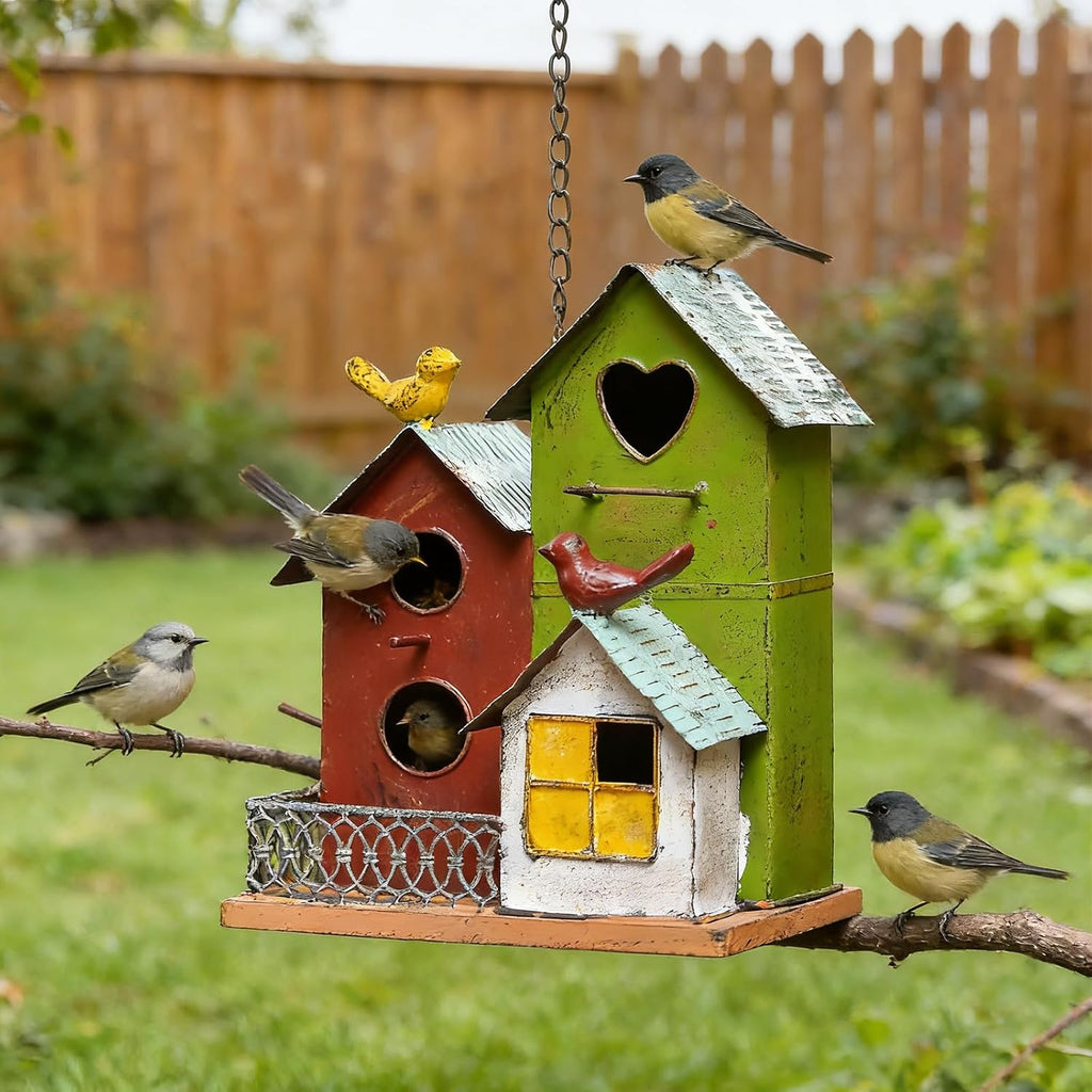 Large Bird Houses for Outside with 3 Compartments for Birds to Nest in | Metal Bird Houses for Outside with Easy Clean Back Doors