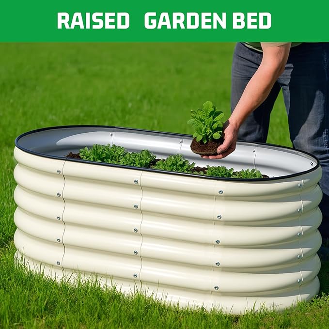 SnugNiture 4x2x1.5ft Raised Garden Bed Outdoor, 17" Tall Galvanized Metal Planter Box, Oval Raised Garden Bed Kit for Planting Vegetables Plants Fruits, Beige White