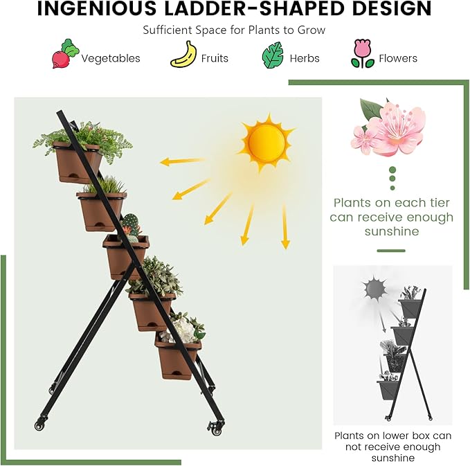 Giantex 2 Pcs Vertical Planter Raised Bed on Wheels, Elevated Garden Beds with Water Drainage Hole, Freestanding 5 Container Boxes for Herb Vegetables Flowers Growing, Outdoor Indoor Patio Balcony