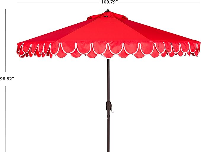 SAFAVIEH 9ft Outdoor Patio Umbrella, Round, Valance, Red & White Trim, Auto Crank Tilt, UV Resistant for Deck, Backyard, Poolside (PAT8006D)