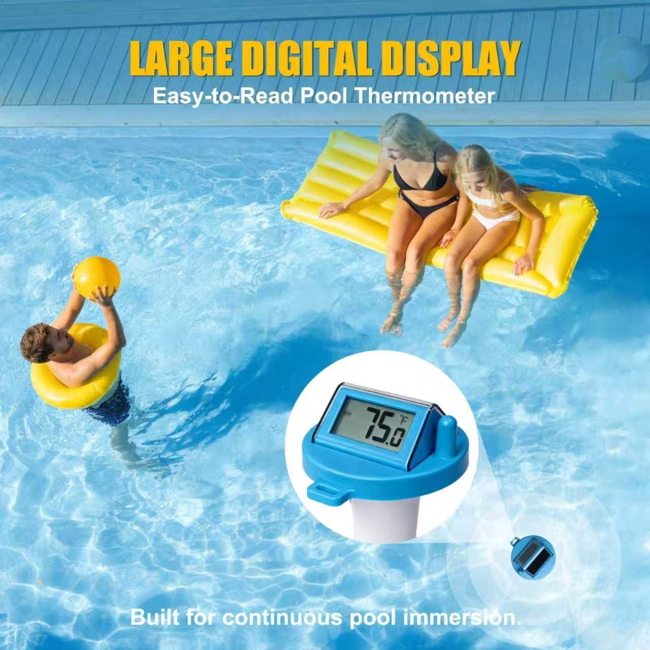 Solar Pool Thermometer Floating,Digital Pool Thermometer,Waterproof IPX8 | Large easy-read display.Includes tether rope for secure floating.Switch between °F/°C. Perfect for pools,hot tubs & ponds