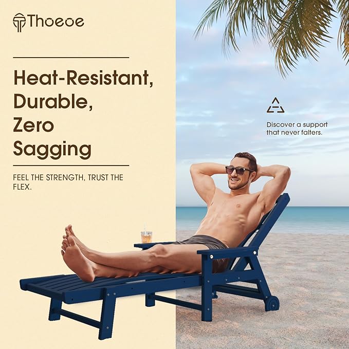Patio Chaise Lounge Chair Set of 2, Oversized Lounge Chair Outdoor with 5 Positions, HDPE, Patio Lounge Chair with Wheels & Cup Holder for Pool, Deck, Poolside,Navy Blue