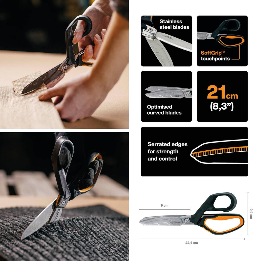Fiskars PowerArc Heavy-Duty Scissors, Up to 30% More Power, Length 21cm, Durable Stainless Steel Blade/Plastic Handles, Black/Orange, 1027204