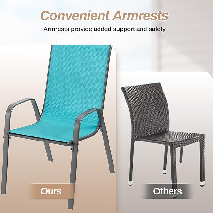 TLSUNNY Patio Chairs, Stackable Textilene Outdoor Dining Furniture for All Weather, with 17.7″ Wide Seat & Metal Frame, for Garden, Backyard, Deck, Restaurant, Poolside (4, Turquoise Blue, 26.4″)