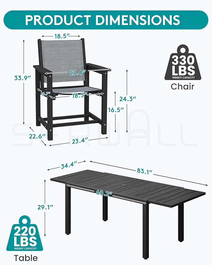 SERWALL 9-Piece Outdoor Dining Set, 60" - 83" Expandable Patio Dining Table with 6 Breathable Textilene Chairs, All Weather HDPE Patio Furniture Set for Backyard, Garden, Black