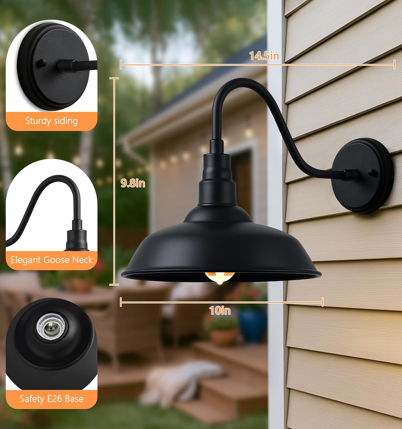 10" Outdoor Gooseneck Barn Light, Black Industrial Farmhouse Outdoor Wall Light Fixture, Suitable for Garages, Porches, Sheds, and Barns, 2-Pack