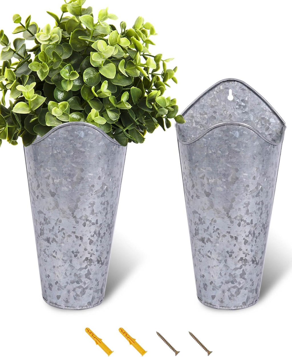 2 Pack 12 Inch Galvanized Wall Planters for Flowers, Silver | Tall Metal Tin Vases for Indoor or Outdoor Flowers, Farmhouse Hanging Planter Decor for Walls, Porches and Country Homes
