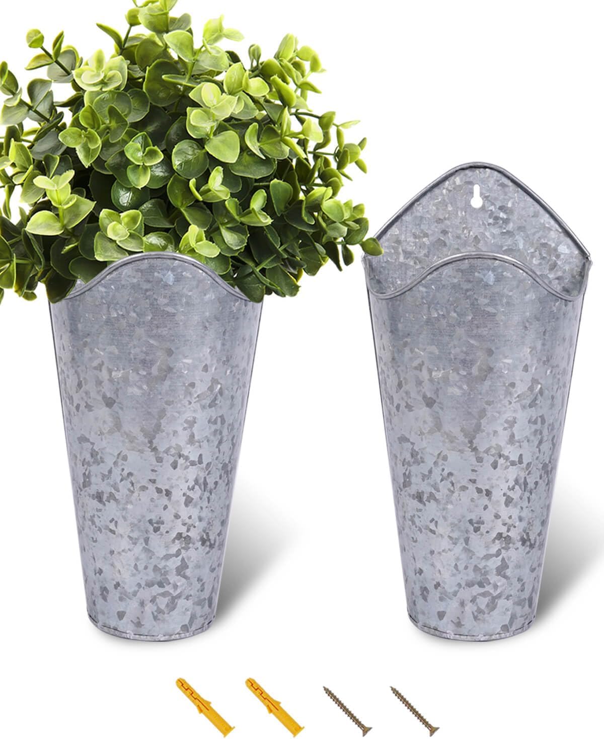 2 Pack 12 Inch Galvanized Wall Planters for Flowers, Silver | Tall Metal Tin Vases for Indoor or Outdoor Flowers, Farmhouse Hanging Planter Decor for Walls, Porches and Country Homes