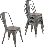 Nazhura Metal Dining Chair Farmhouse Tolix Style for Kitchen Dining Room Patio, 18 Inch, Stackable, Waterproof Indoor/Outdoor (Sets of 4) (Brushed Metal with Wood Padding)