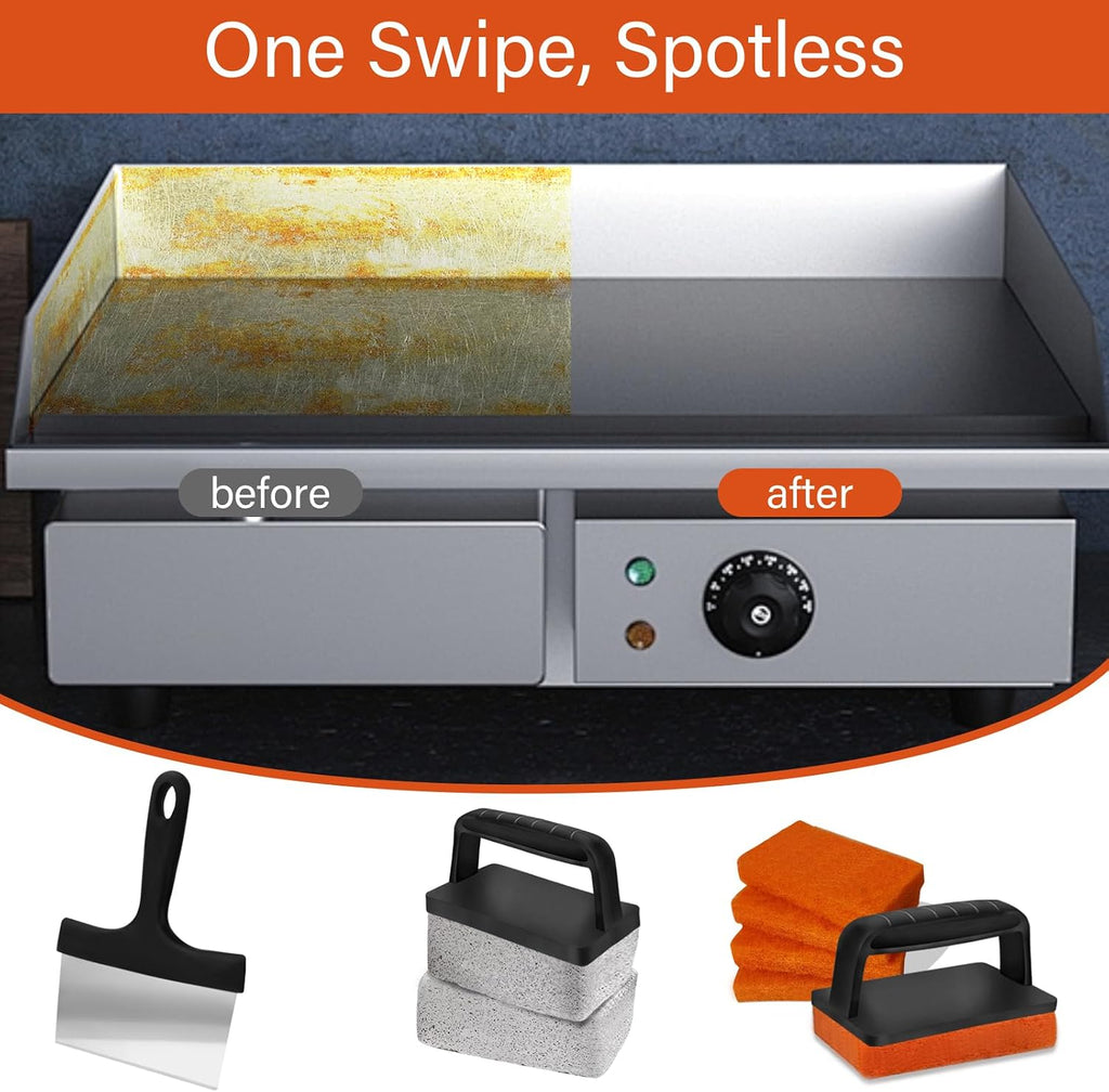 10 Pieces Griddle Cleaning Kit for Blackstone Flat Top Grill | Professional Heavy Huty Scraper, Grill Stones, Scouring Pads and Handles to Remove Grease and Residue from Flat Top Griddles
