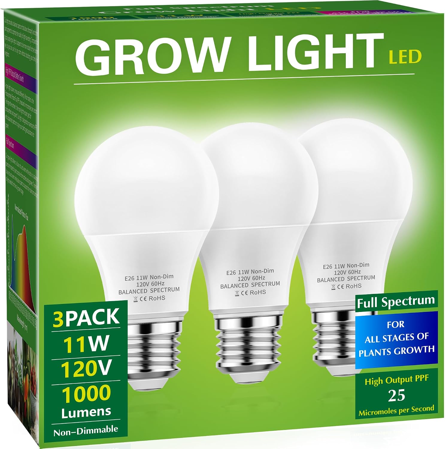 Grow Light Bulbs, Full Spectrum Grow Light Bulb, LED Grow Bulb | Grow Light Bulb A19, Plant Light Bulbs E26, 11W Grow Bulb 100W Equivalent,Grow Light for Indoor Plants, Seed Starting, 3 Pack