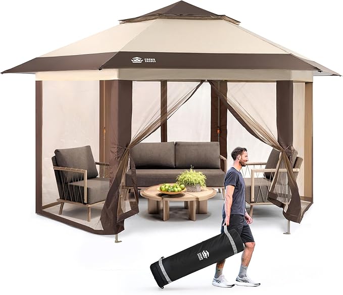 CROWN SHADES 12x12 Pop Up Gazebo with Mosquito Nettings, Patented Center Lock 6-Sided Portable Gazebo, 300D Silver-Coated Fabric UV Resistant, Pop Up Canopy Tent for Patio, Party, Beige&Coffee